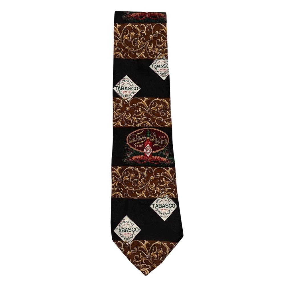 Tabasco Silk Tie Gulf Shrimp Pepper Sauce Gold Filigree Black Novelty Necktie